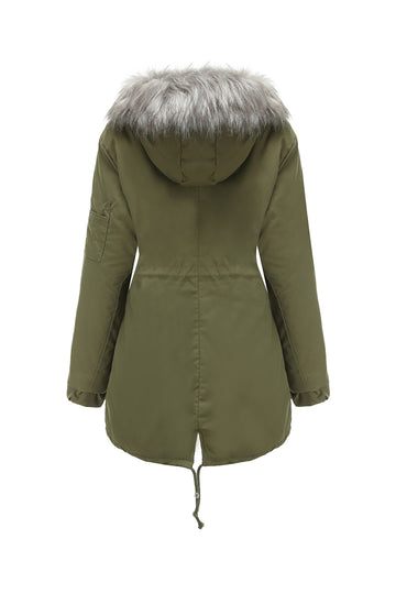 Abrigo polar verde militar con capucha de invierno cálido y forro polar